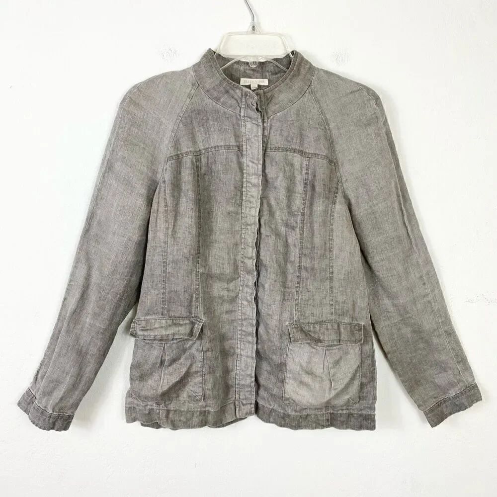 Eileen Fisher Petite Grey Lagenlook 100% Linen Long Sleeve Button Up Shirt Sz MP